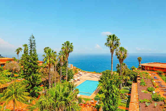 Udsigt over et poolområde omgivet af grønne planter og palmer, med havet i baggrunden. (AI-genereret tekst)