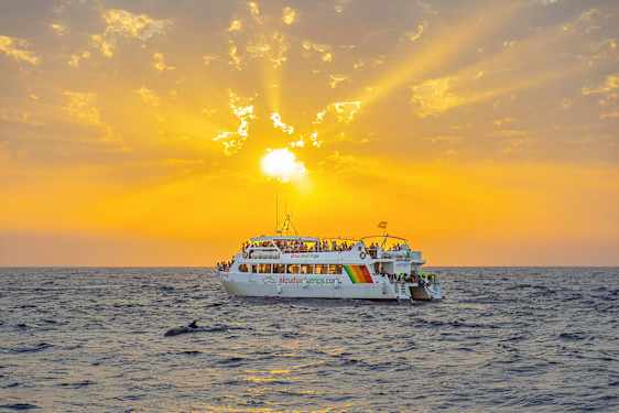 En hvid båd med mennesker på dækket flyder på havet under en orange solnedgang. (AI-genereret tekst)