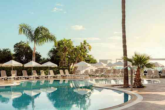 En udendørs pool omgivet af liggestole, parasoller og palmer. (AI-genereret tekst)