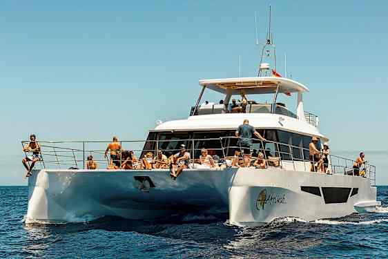 En hvid motorbåd på havet med mennesker der nyder solen. (AI-genereret tekst)