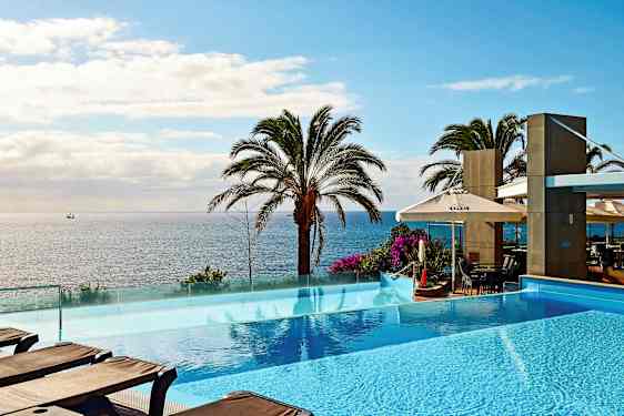 Billedet viser en infinitypool foran en havudsigt med palmer. (AI-genereret tekst)