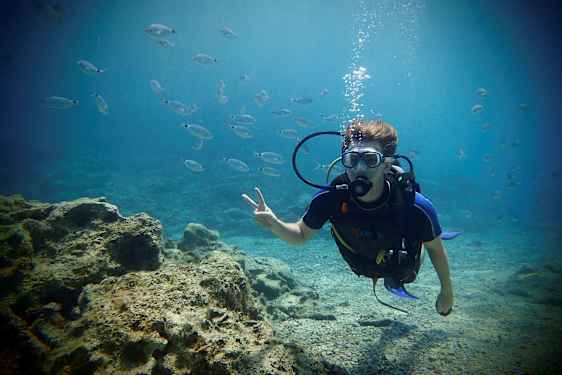 En person i dykkerdragt under vand omgivet af små fisk og med en stenfyldt havbund i baggrunden. (AI-genereret tekst)