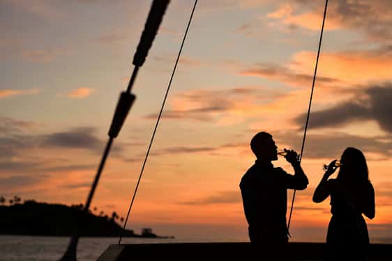 Silhuetter af to personer, der holder glas ved solnedgang med havet og en lille ø i baggrunden. (AI-genereret tekst)