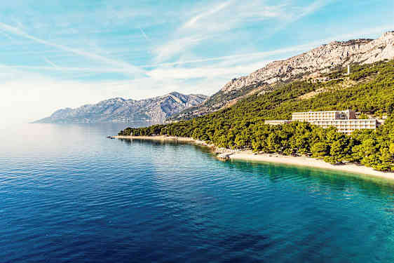 Udsigt over havet, en skovklædt strand og bjerge i baggrunden. (AI-genereret tekst)
