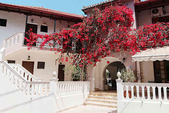 En bygning med hvide vægge og røde blomster, der klatrer på facaden. (AI-genereret tekst)