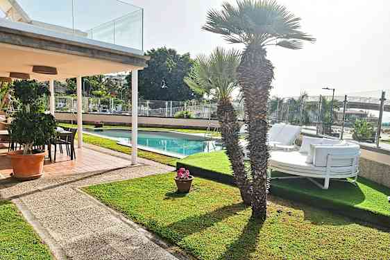 En terrasse med borde, stole og en stor plantekrukke ved en swimmingpool omgivet af græsplæne og palmer. (AI-genereret tekst)