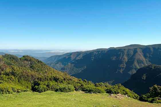 Billedet viser et landskab med frodige bakker og bjerge under en klar blå himmel. (AI-genereret tekst)