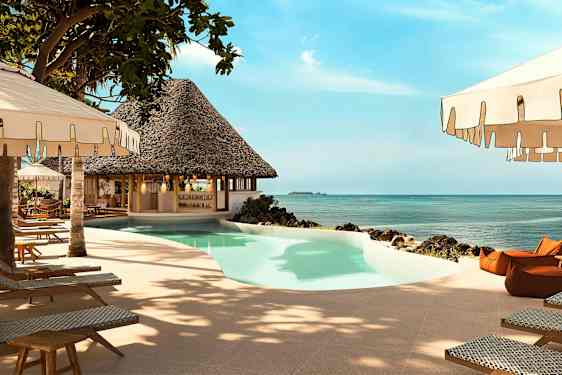 Poolområde med liggestole og parasoller ved siden af havet. (AI-genereret tekst)