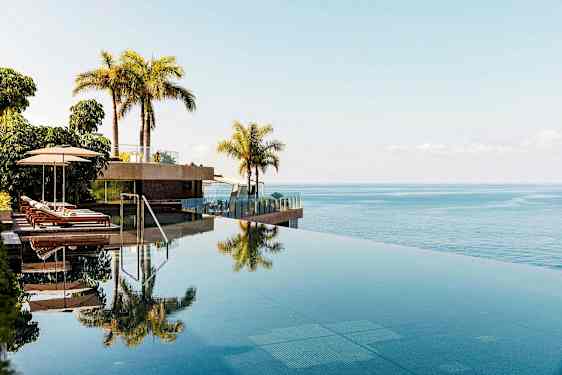 Infinitypool med solsenge og palmer, udsigt over havet. (AI-genereret tekst)