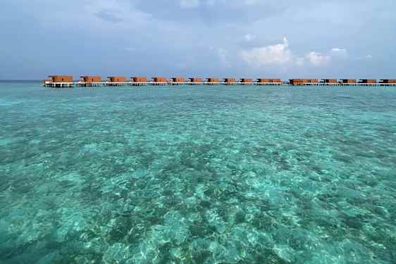 Vandvillaer på række og turkisblåt hav