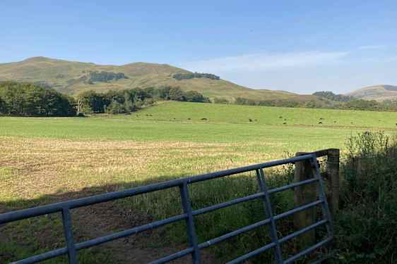 Åbent landskab med mark og blå himmel