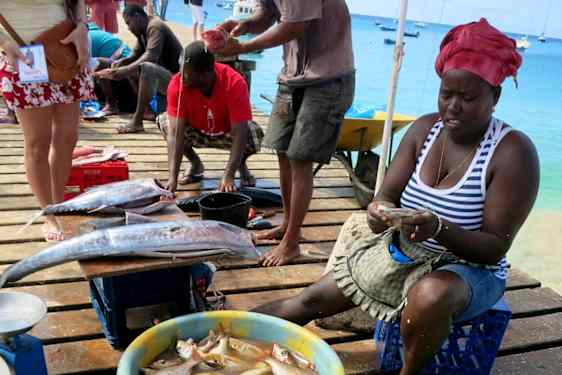 Kvinna på brygga säljer fisk