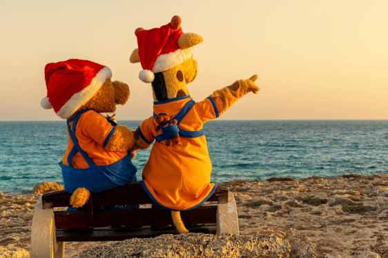 Lollo og Bernie i nissehuer på stranden