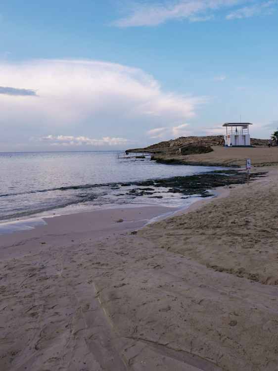 Sandstrand med badebro i baggrunden