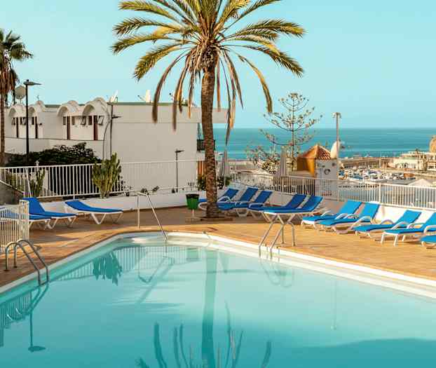 En udendørs pool omgivet af liggestole, med udsigt over havet og omgivet af palmer. (AI-genereret tekst)