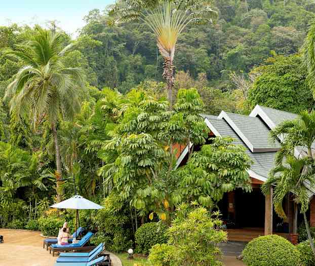En tropisk have med grønne palmer og buske samt en bygning med spidse tage. I forgrunden er der liggestole og parasol. (AI-genereret tekst)