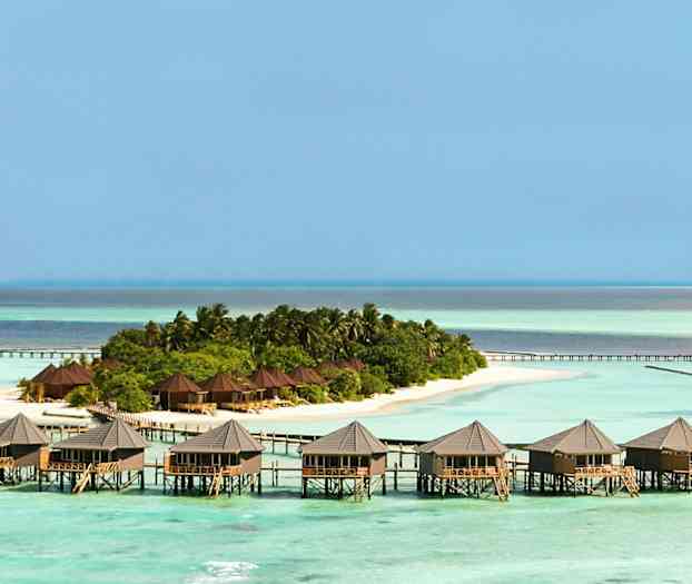 Flere bungalower på pæle over vandet ved siden af en frodig ø. (AI-genereret tekst)