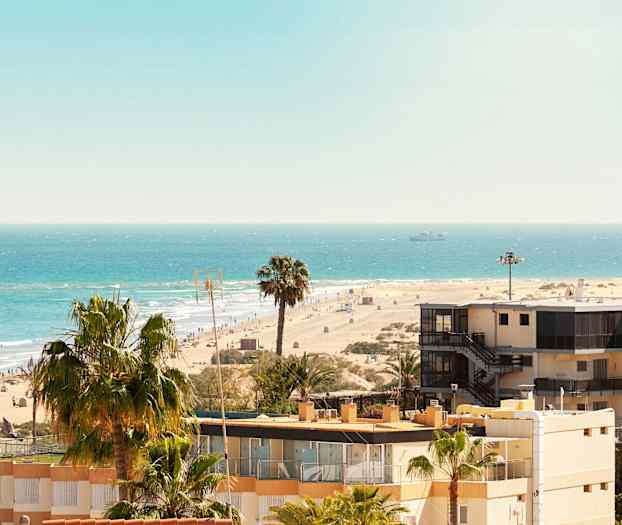 Udsigt over en sandstrand med hav, palmer og bygninger. (AI-genereret tekst)