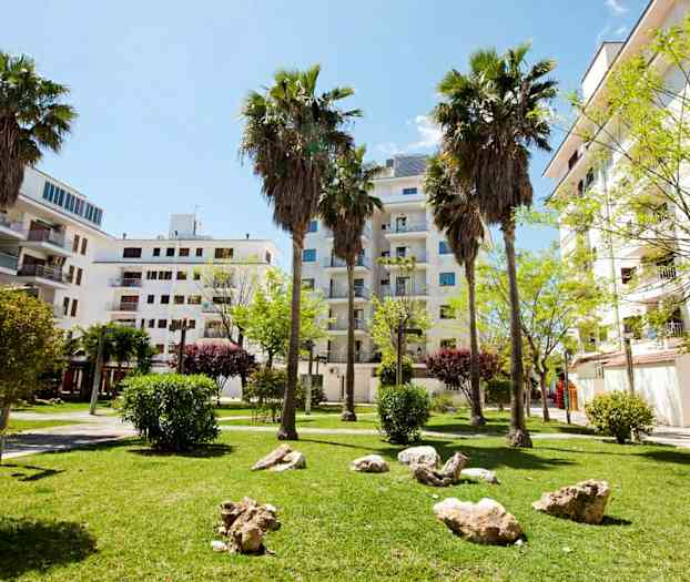 En grøn park med palmer, græsplæne og sten omgivet af hvide bygninger. (AI-genereret tekst)