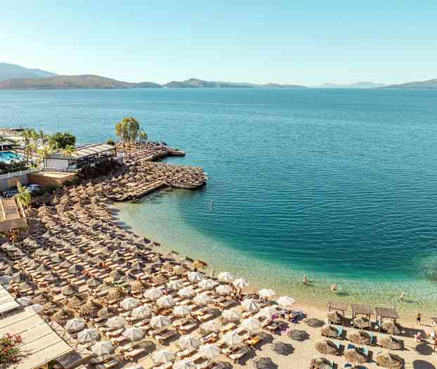 Strand med liggestole, parasoller og en klarblå havudsigt. (AI-genereret tekst)