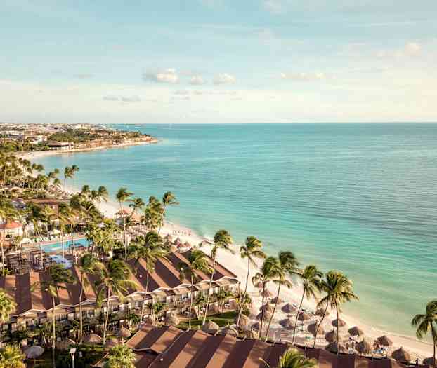 Luftfoto af en strand med palmer, hotelbygninger og parasoller tæt på klart blåt hav. (AI-genereret tekst)