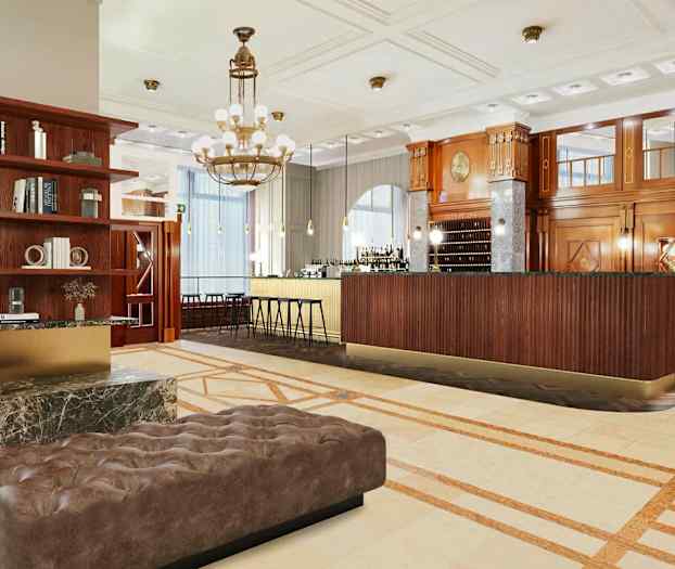 Reception med elegant indretning, herunder en lædersofa og hylder med bøger. (AI-genereret tekst)