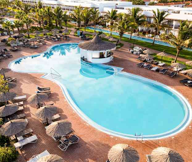 En udsigt over en stor udendørs pool med liggestole og parasoller omkring, omgivet af palmer og en frodig have. (AI-genereret tekst)