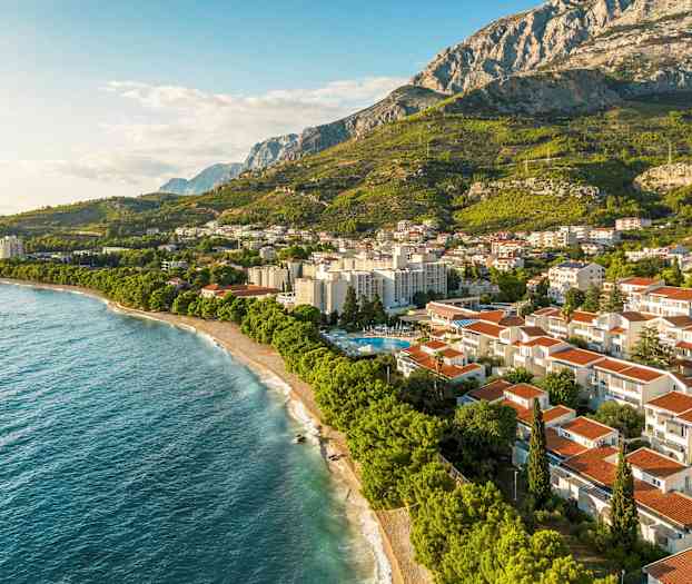 Luftfoto af en kystby foran frodige bjerge. (AI-genereret tekst)