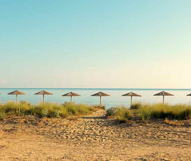 Strand med syv solvogne på række og hav i baggrunden. (AI-genereret tekst)
