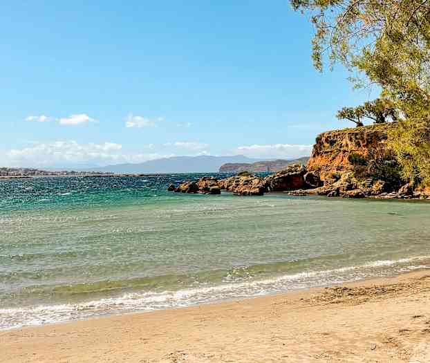 Sandstrand med turkis hav, klipper og grønne træer. (AI-genereret tekst)