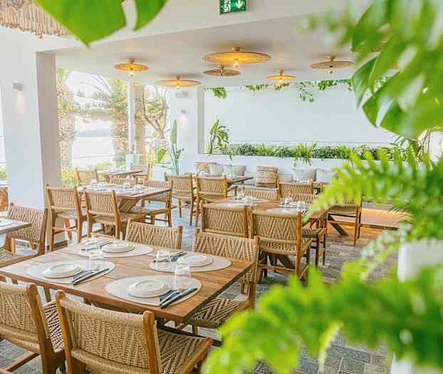 En restaurant med træborde og -stole omgivet af grønne planter og med udsigt over havet. (AI-genereret tekst)