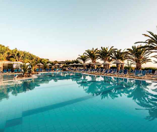 En udendørs swimmingpool omgivet af solsenge og parasoller, med palmer og vegetation i baggrunden. (AI-genereret tekst)