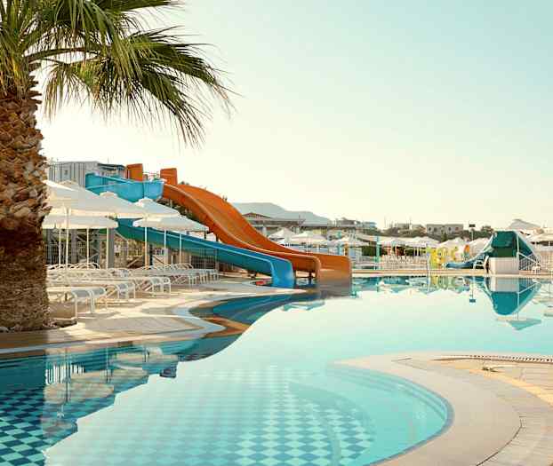 Billede af en swimmingpool med vandrutsjebaner og liggestole samt en palme i forgrunden. (AI-genereret tekst)