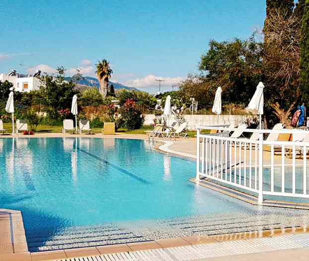 Udendørs swimmingpool med liggestole og parasoller ved siden, omgivet af træer og planter. (AI-genereret tekst)