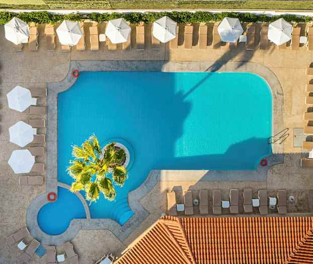 Et fugleperspektiv af en rektangulær pool med liggestole og parasoller omkring. (AI-genereret tekst)