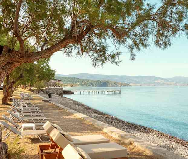 Liggestole ved en stenstrand med udsigt over havet og et træbord. (AI-genereret tekst)