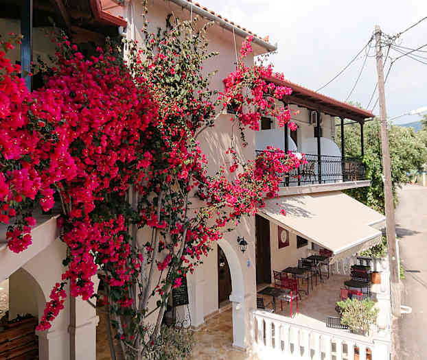 Et hus med røde blomster, der klatrer op ad facaden, og en terrasse med møbler ved siden af ​​en lille vej. (AI-genereret tekst)