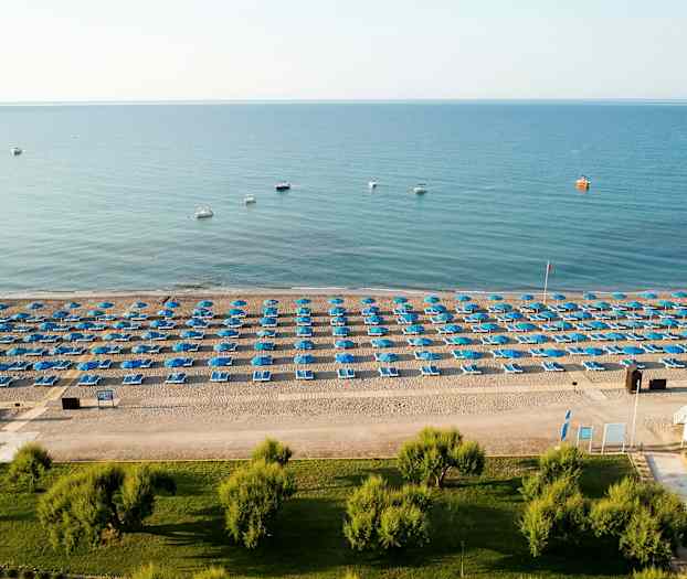 En strand med blå parasoller og solsenge arrangeret i rækker. (AI-genereret tekst)