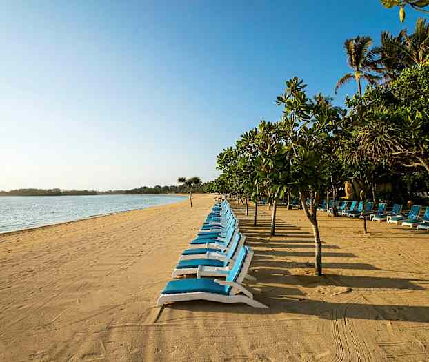 En sandstrand med liggestole og træer i baggrunden. (AI-genereret tekst)