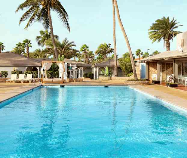 En swimmingpool omgivet af liggestole, en seng med gardiner og palmer i baggrunden. (AI-genereret tekst)