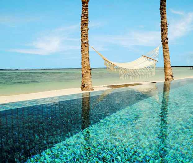 En hængekøje ophængt mellem to palmer ved en pool og en tropisk strand. (AI-genereret tekst)