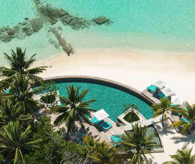 En rund pool omgivet af liggestole og palmer ved en sandstrand. (AI-genereret tekst)