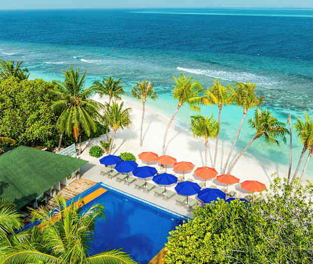 En strand med hvid sand, turkis vand og palmer. Farverige parasoller og en swimmingpool ses i forgrunden. (AI-genereret tekst)