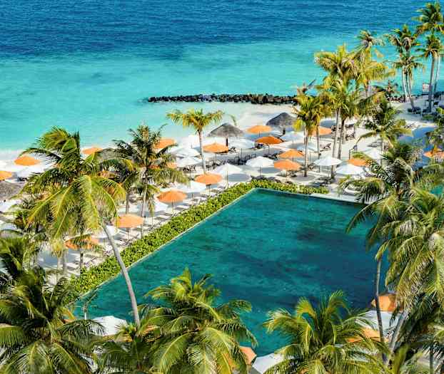 Et billede af en tropisk feriedestination med palmer, en pool, orange parasoller og strandliv ved det turkise hav. (AI-genereret tekst)