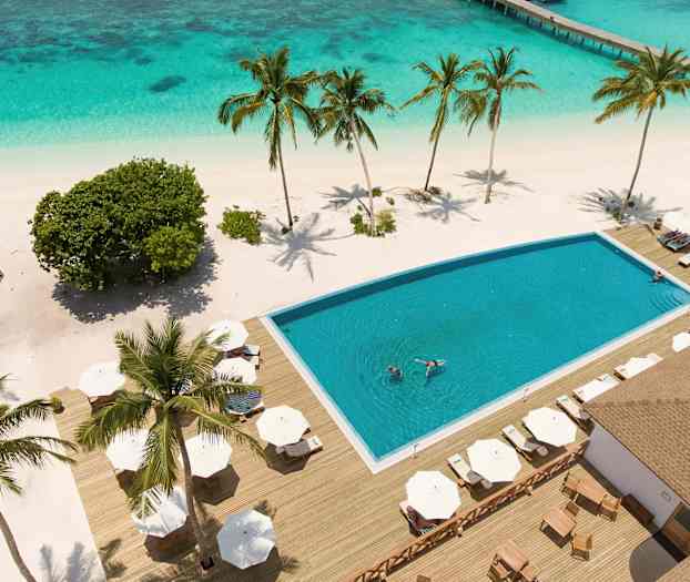 Udsigt over et poolområde med liggestole på en tropisk strand omgivet af palmer og krystalklart vand. (AI-genereret tekst)