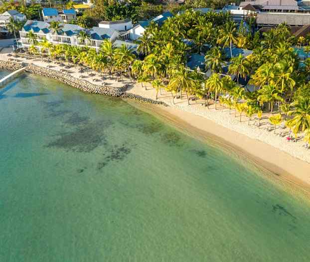 Luftfoto af en strand med palmer og strandstole ved havet. (AI-genereret tekst)
