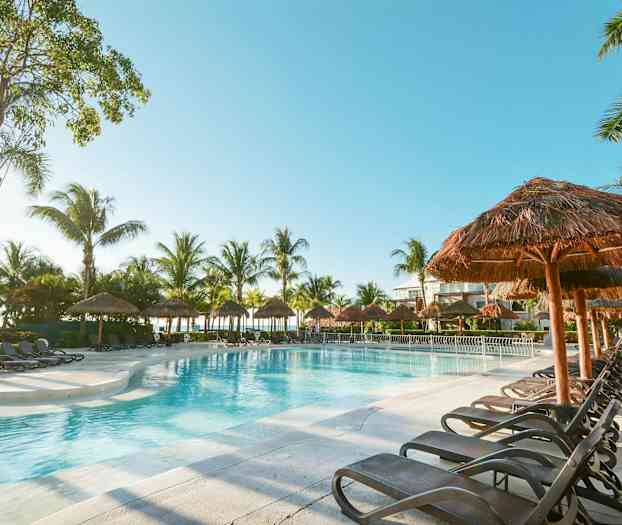 En swimmingpool omgivet af liggestole og palmer under en klar himmel. (AI-genereret tekst)