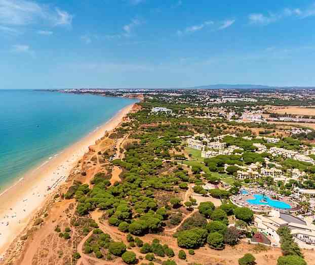 Luftfoto af kystområde med strand, hav og grønne områder. (AI-genereret tekst)