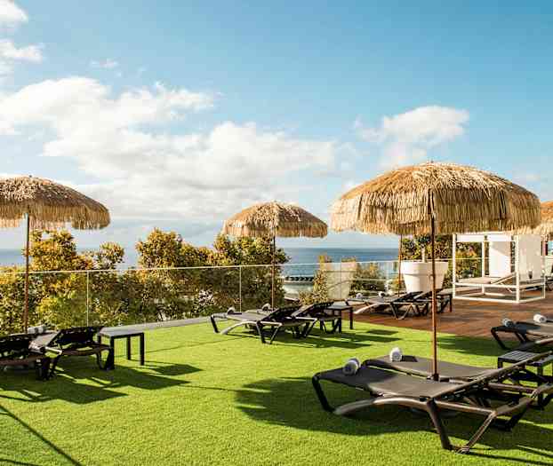 Liggestole med håndklæder og parasoller på en græsplæne med udsigt til havet. (AI-genereret tekst)