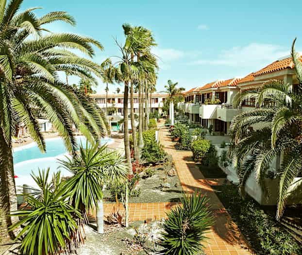 Billede af en ferieanlæg med palmer, haver og en pool. Bygninger med terrakottafarvede tage ses i baggrunden. (AI-genereret tekst)